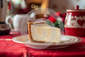 Slice of New York Cheesecake on table with red tablecloth