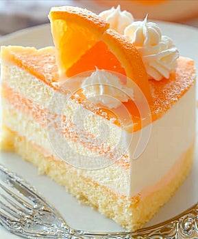 A slice of orange cake on a plate with a fork