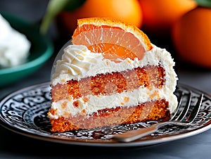 A slice of orange cake on a plate with a fork