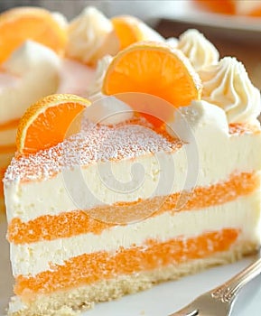 A slice of orange cake on a white plate with a fork