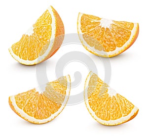 Slice of orange citrus fruit on white