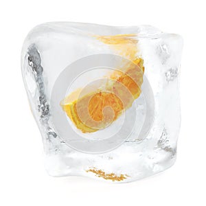 Slice Orange frozen in ice cube. Ice cube in front view, single ice cube isolated on white background. 3d rendering