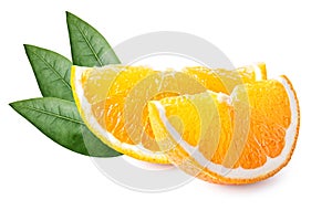 Slice of orange fruit with green leaves isolated on white background