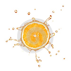 Slice of orange with juice splash isolated on white