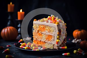 Slice of orange seasonal Halloween cake woth candy corn sweets on dark background