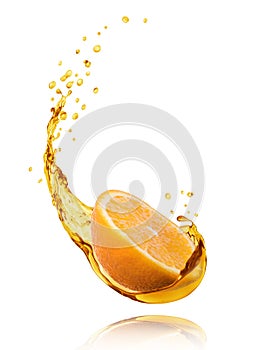 Slice of orange with splashes of juice isolated on white