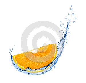 Slice of orange with water splash close-up, isolated on white