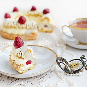 Slice of Paris-Brest Cake with Strawberries