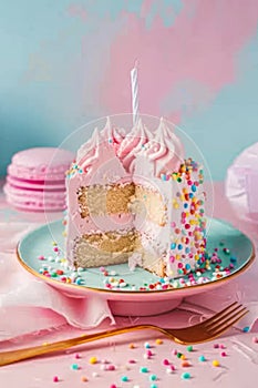 A slice of pastel pink birthday cake adorned with whipped cream on a celebratory day