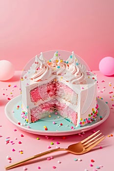 A slice of pastel pink birthday cake adorned with whipped cream on a celebratory day