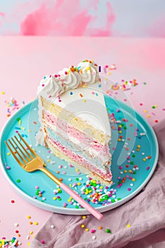 A slice of pastel pink birthday cake adorned with whipped cream on a celebratory day