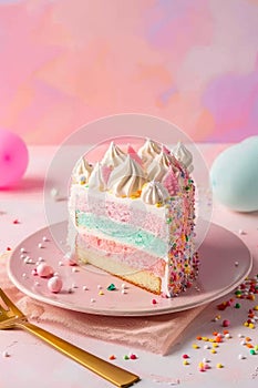 A slice of pastel pink birthday cake adorned with whipped cream on a celebratory day