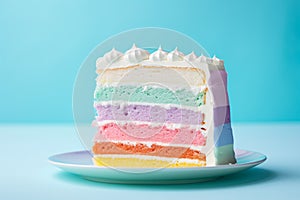 Slice of pastel rainbow colored layered birthday cake with cream in front of pastel blue background