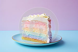 Slice of pastel rainbow colored layered birthday cake with cream in front of pastel violet and blue background