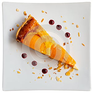 Slice of peach shortcrust custard tart with sliced almonds