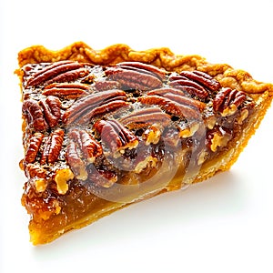 A slice of pecan pie on a white background