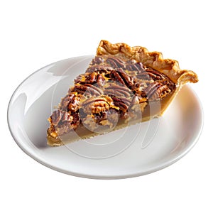 A Slice of Pecan Pie on a White Plate