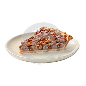 A Slice of Pecan Pie on a White Plate