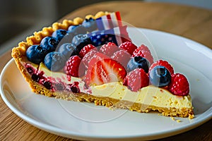 A slice of pie with berries and an american flag