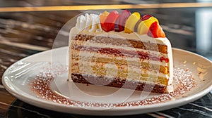 A slice of a piece of cake on top of a plate, AI