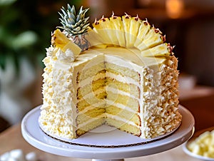A slice of pineapple cake on a white cake stand