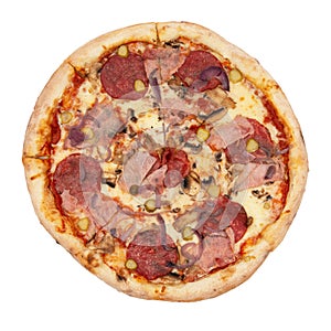 A slice of pizza bacon, ingredient becon and mozarella, isolated on white