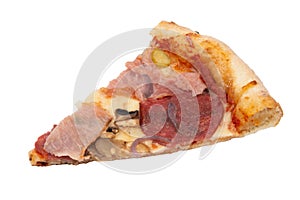A slice of pizza bacon, ingredient becon and mozarella, isolated on white