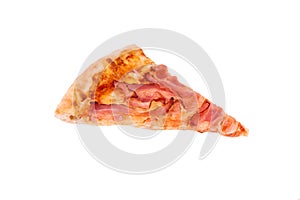 A slice of pizza bacon isolate top view