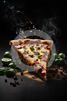 Slice of Pizza with cheese, salami, Tomatoes, pepper, Spices and Fresh Basil on dark backgroun