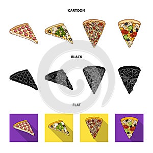 A slice of pizza with different ingredients. Different pizza set collection icons in cartoon,black,flat style vector