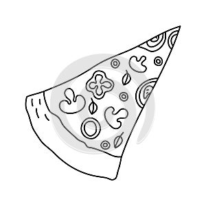 Slice of pizza. Fast food sketch. Cartoon black and white line illustration. Unhealthy meal. Vector hand drawn icon for restaurant