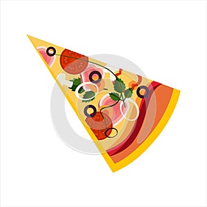 Slice Of Pizza With Ham And Tomatos, Street Fast Food Cafe Menu Item Colorful Vector Icon