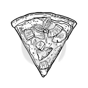 Slice pizza hawaiian. Vintage engraving illustration for poster, menu, box.