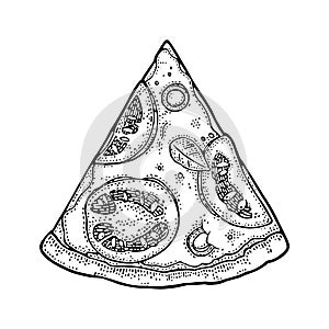 Slice pizza margherita. Vintage vector engraving illustration for poster, menu, box.