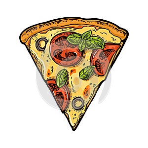 Slice pizza margherita. Vintage vector engraving illustration for poster, menu, box.