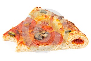 Slice of pizza with a missing bite