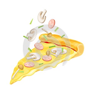 Slice of pizza with mushroom and sausage. Tasty Italian fast food vector illustration