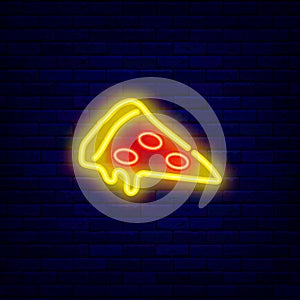 Slice of pizza neon icon. Italian pizzeria emblem. Pop art style. Shiny effect banner. Vector stock illustration