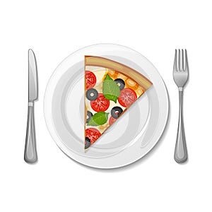 Slice of pizza neopolitan on the plate, fork, knife on white background.