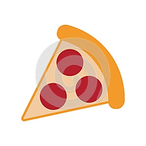 Slice of pizza with salami, or sausages, pizza delivery, isolated flat vector illustration on a white background