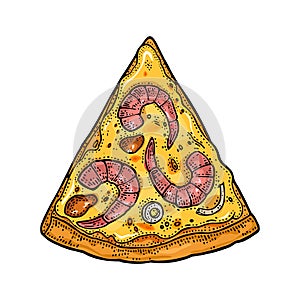 Slice pizza seafood. Vintage vector engraving illustration for poster, menu, box.