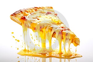 Slice of pizza with tomato sauce isolated on a white background.