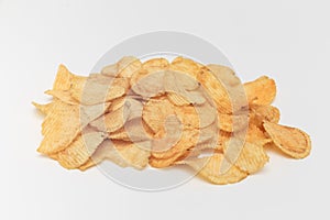Slice of potato chips on a white background