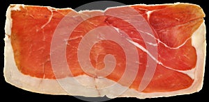 Slice Of Prosciutto Dry Cured Pork Ham Slice Isolated On Black Background