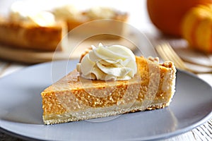 Slice of pumpkin pie on a plate. Selective focus.