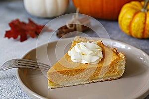 Slice of pumpkin pie on a plate. Selective focus.