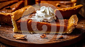 a slice of pumpkin pie with whipped cream on top