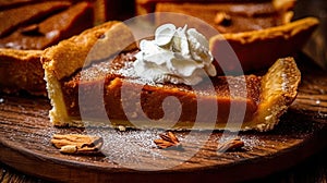 a slice of pumpkin pie with whipped cream on top photo