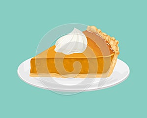 Slice of pumpkin pie with whipped cream on a white plate. Vector