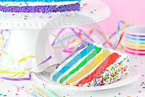 A slice of rainbow birthday cake with colourful sprinkles, ready for eating.